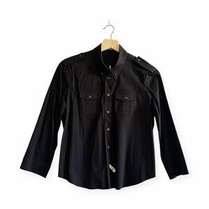 Prada Black Stretch Cotton Button-Down Shirt Epaulettes IT44 Made Italy